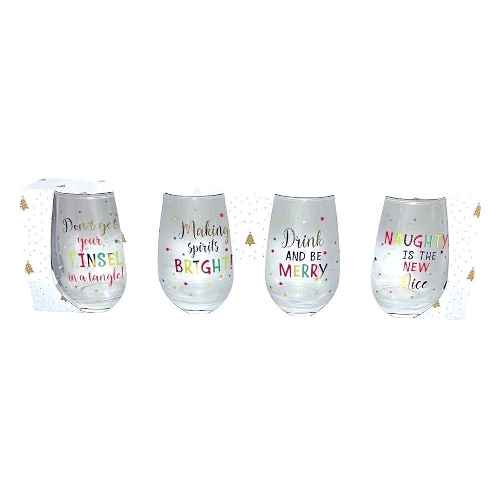 Home Essentials Holiday Charms Set of 4 Stemless Wine Glasses New in Box